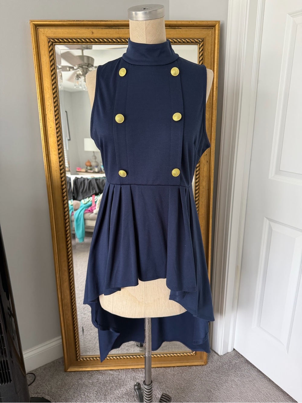 Navy High-Low Sleeveless Tunic with Gold Buttons